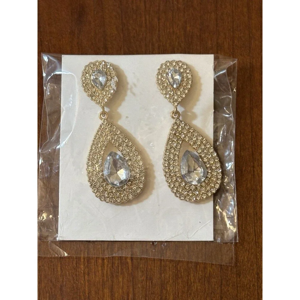 New Silver Tone Rhinestone Teardrop Dangle Earrings Clear Crystal Statement